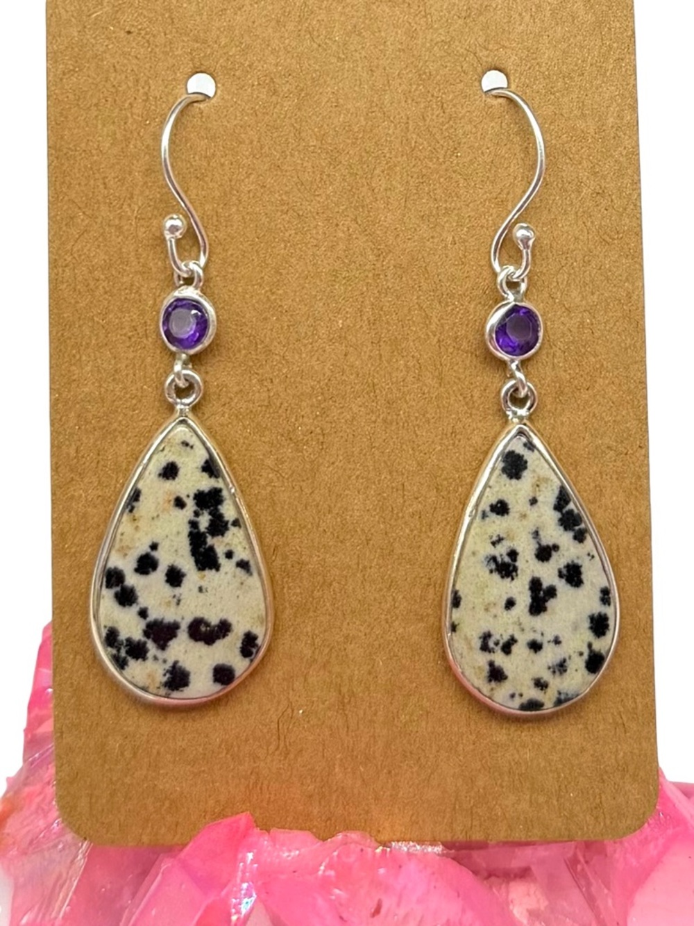 Dalmatian Jasper Amethyst Earrings Solid 925 Sterling Silver